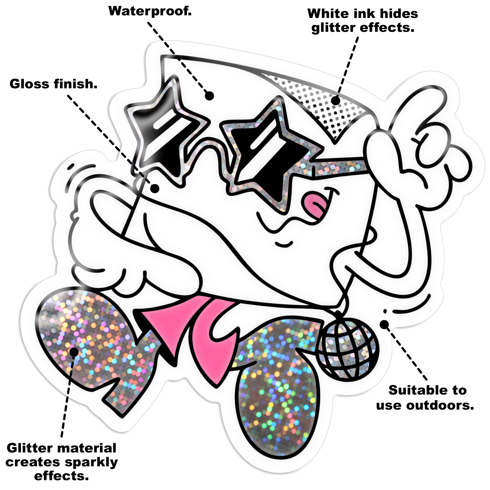 Custom glitter vinyl stickers with sparkly glossy finish, custom printed and durable for indoor or outdoor use.”