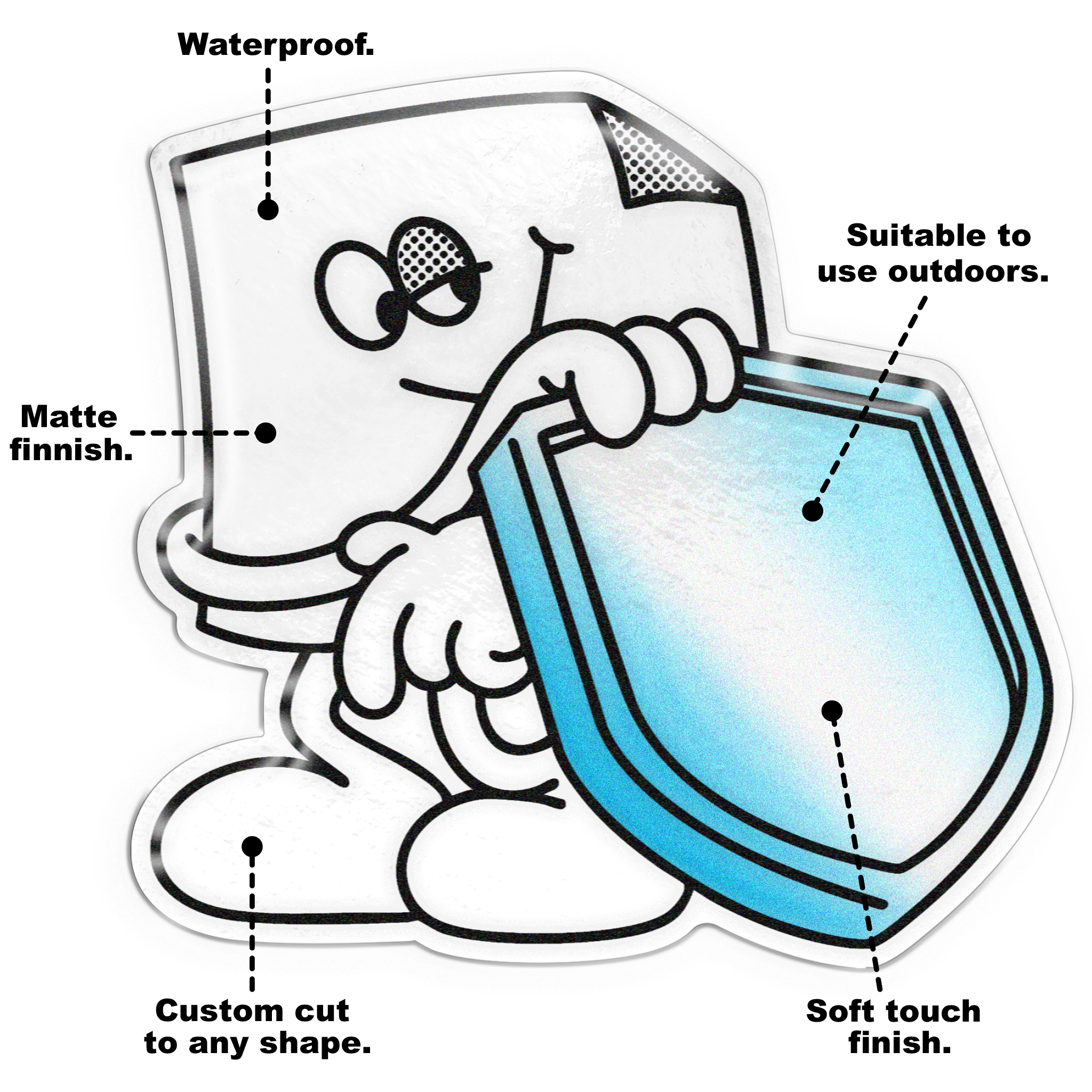 Custom matte stickers with Marv holding a blue shield with text describing product features.