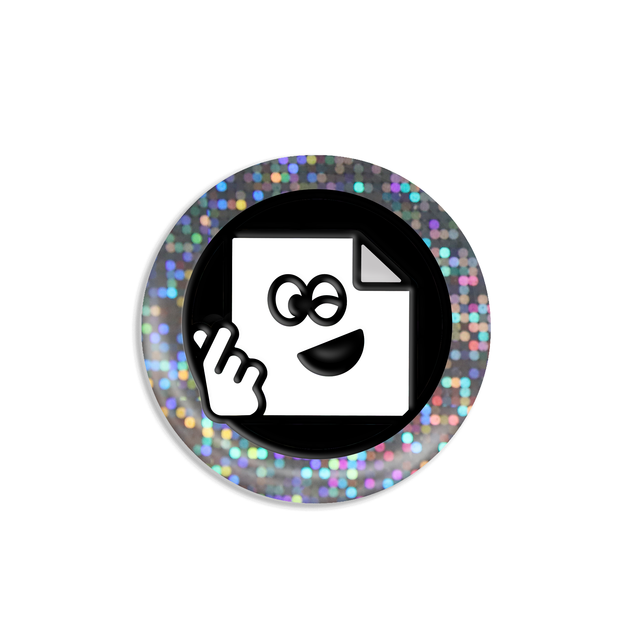 Custom silver chrome 25mm button badge with Marv hand pointing to a document icon on a white background.