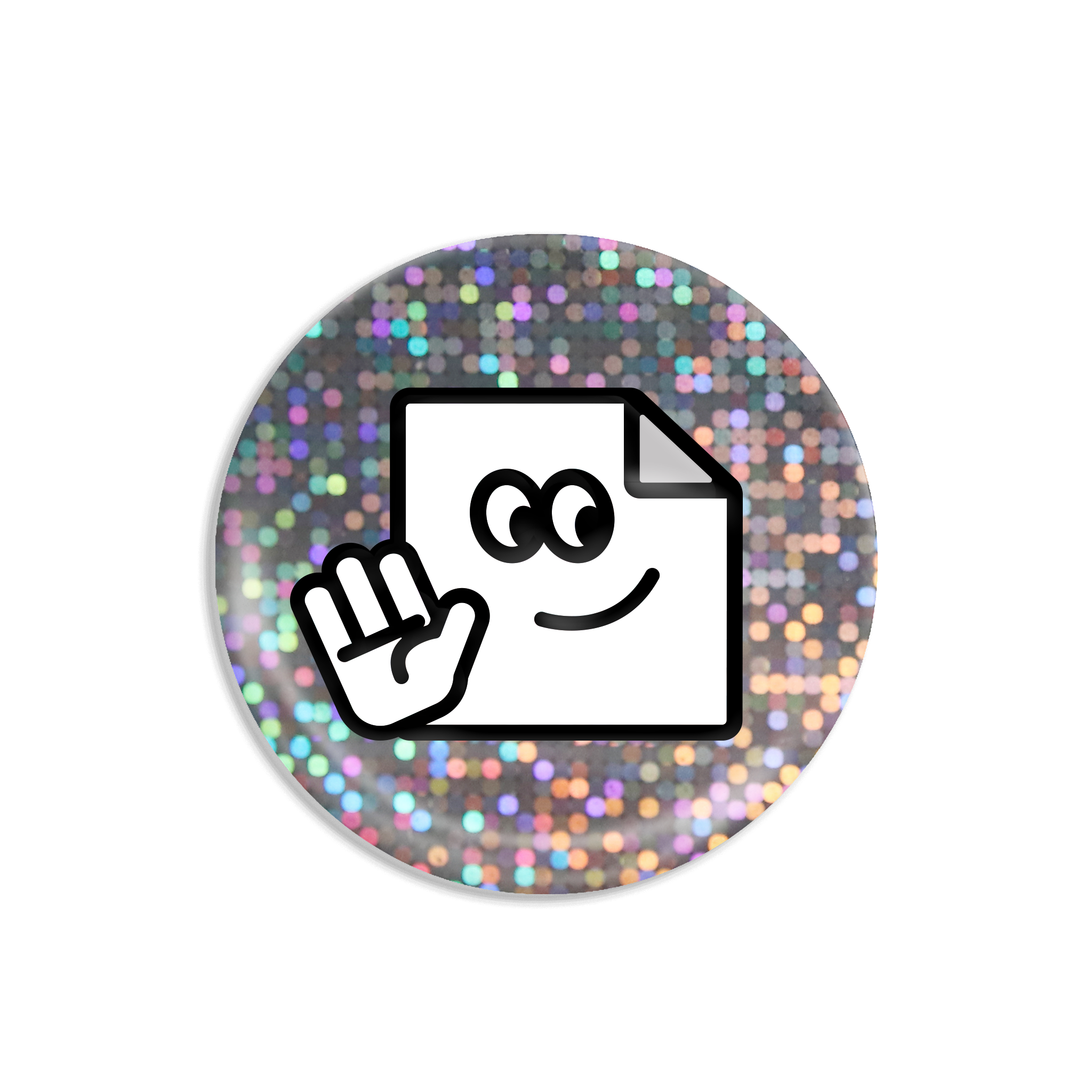 Custom glitter 32mm button badge with Marv icon on a multicolored glittery background.