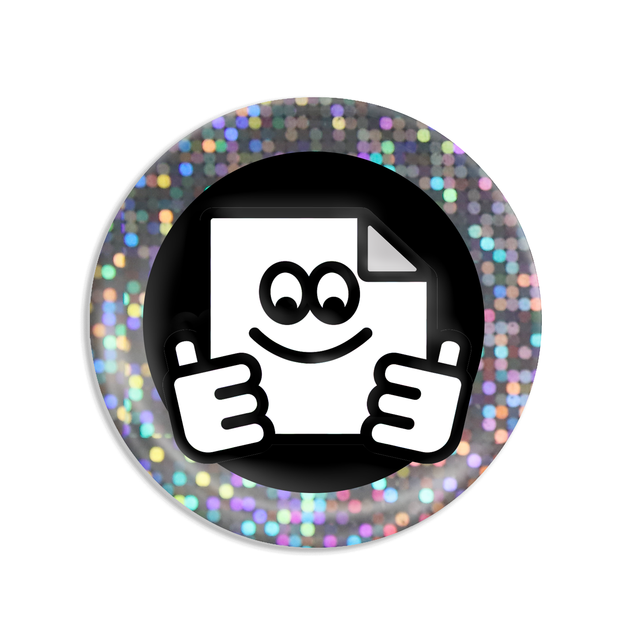 Custom glitter 37mm button badge with a smiley face giving a thumbs up on a multicolored glitter background.