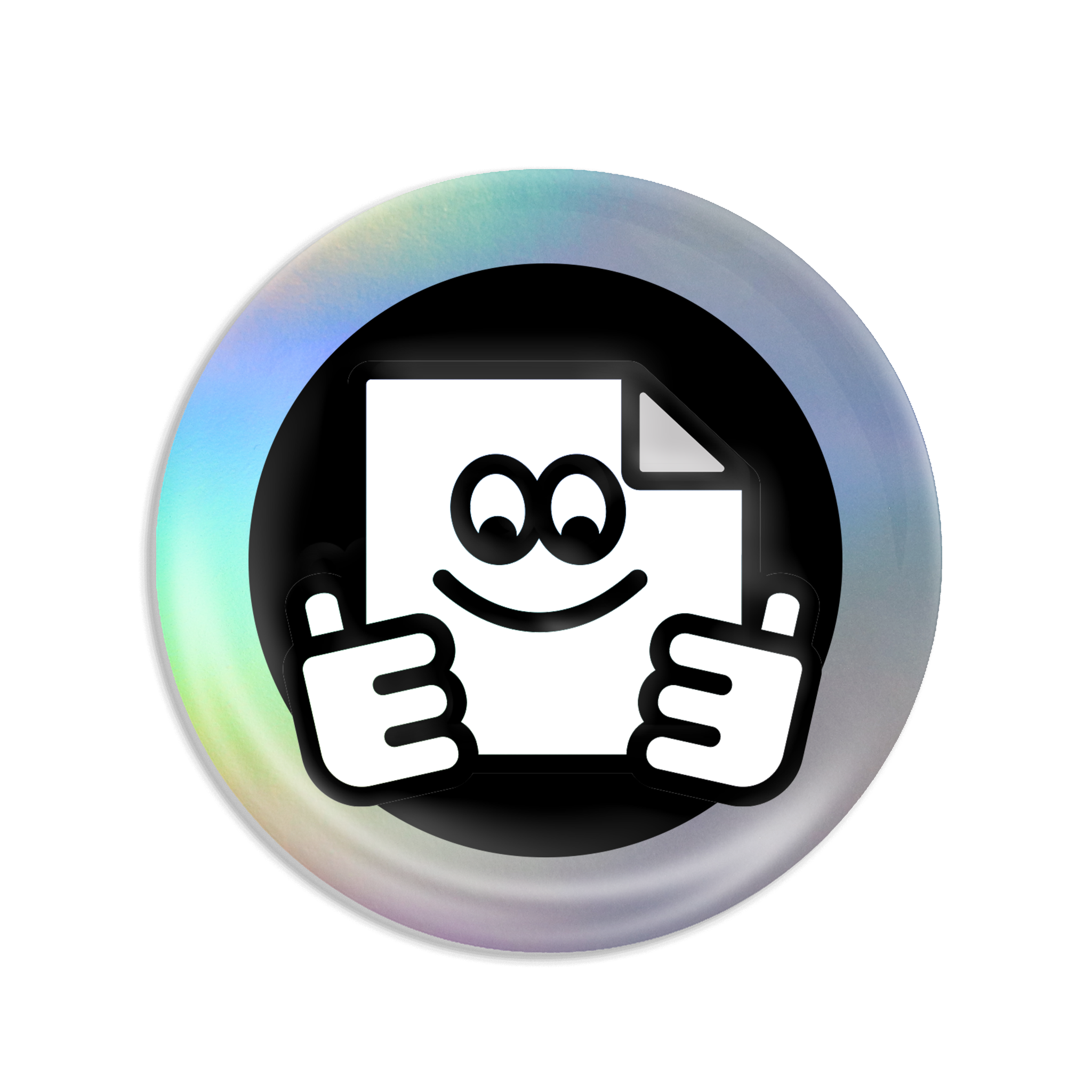 Custom holographic 37mm badge with rainbow finish for branding and promotions.