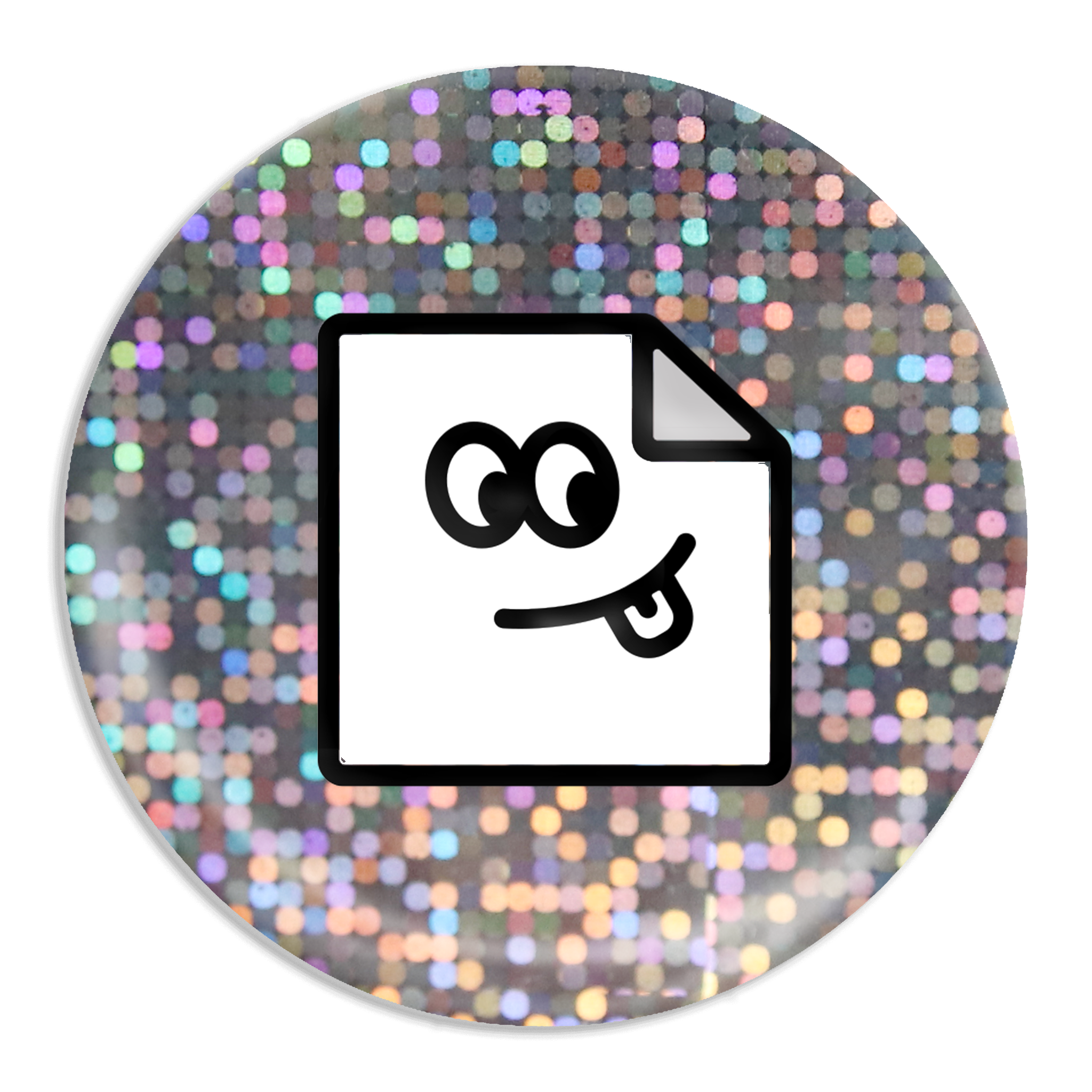 Custom glitter 58mm button badge with Marv on a white background.
