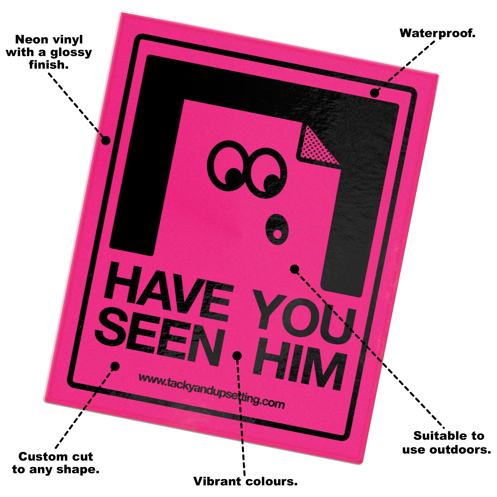 Custom fluorescent vinyl stickers with bold neon colours, waterproof and durable for indoor or outdoor use.