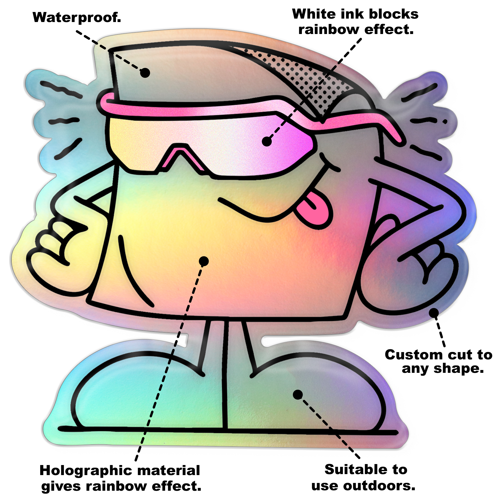 Custom holographic vinyl stickers with rainbow finish, waterproof and durable for packaging, laptops and signage.”