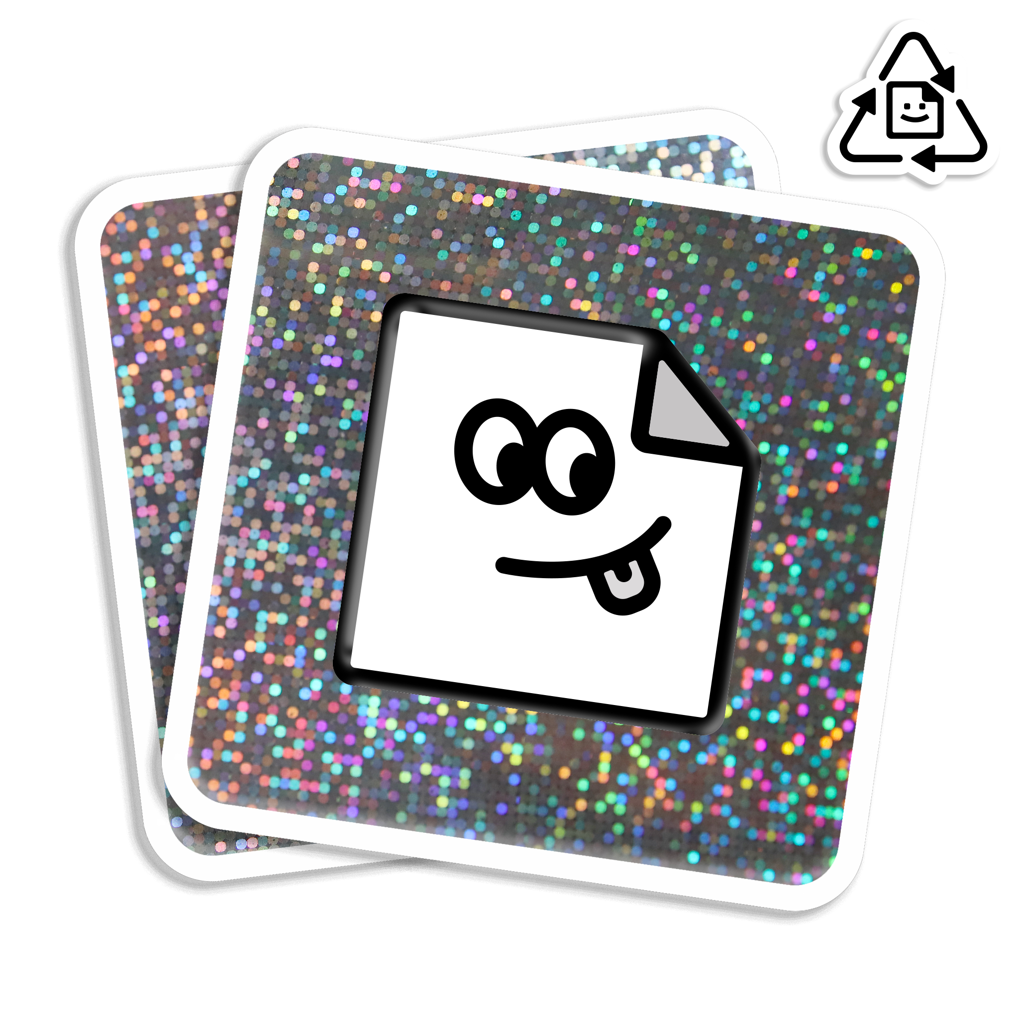 Custom eco-friendly glitter rounded corner vinyl stickers with sparkly finish, waterproof and weatherproof for indoor or outdoor use.