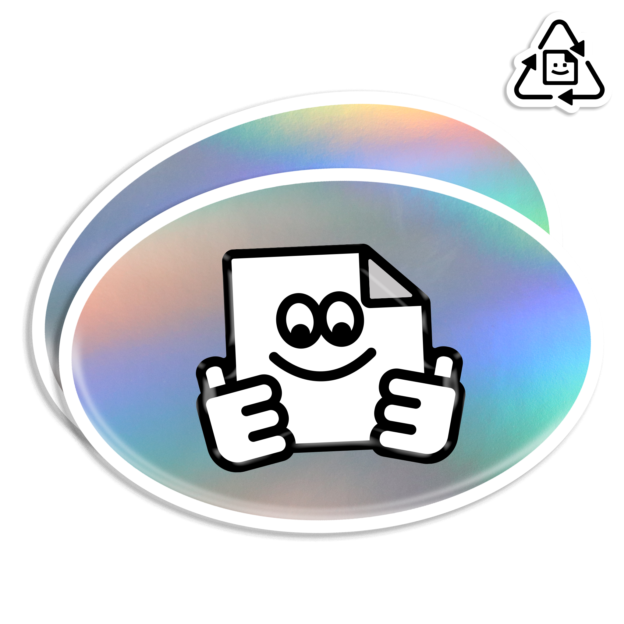 Custom eco-friendly holographic oval vinyl stickers with rainbow rainbow finish, waterproof and weatherproof for indoor and outdoor use.