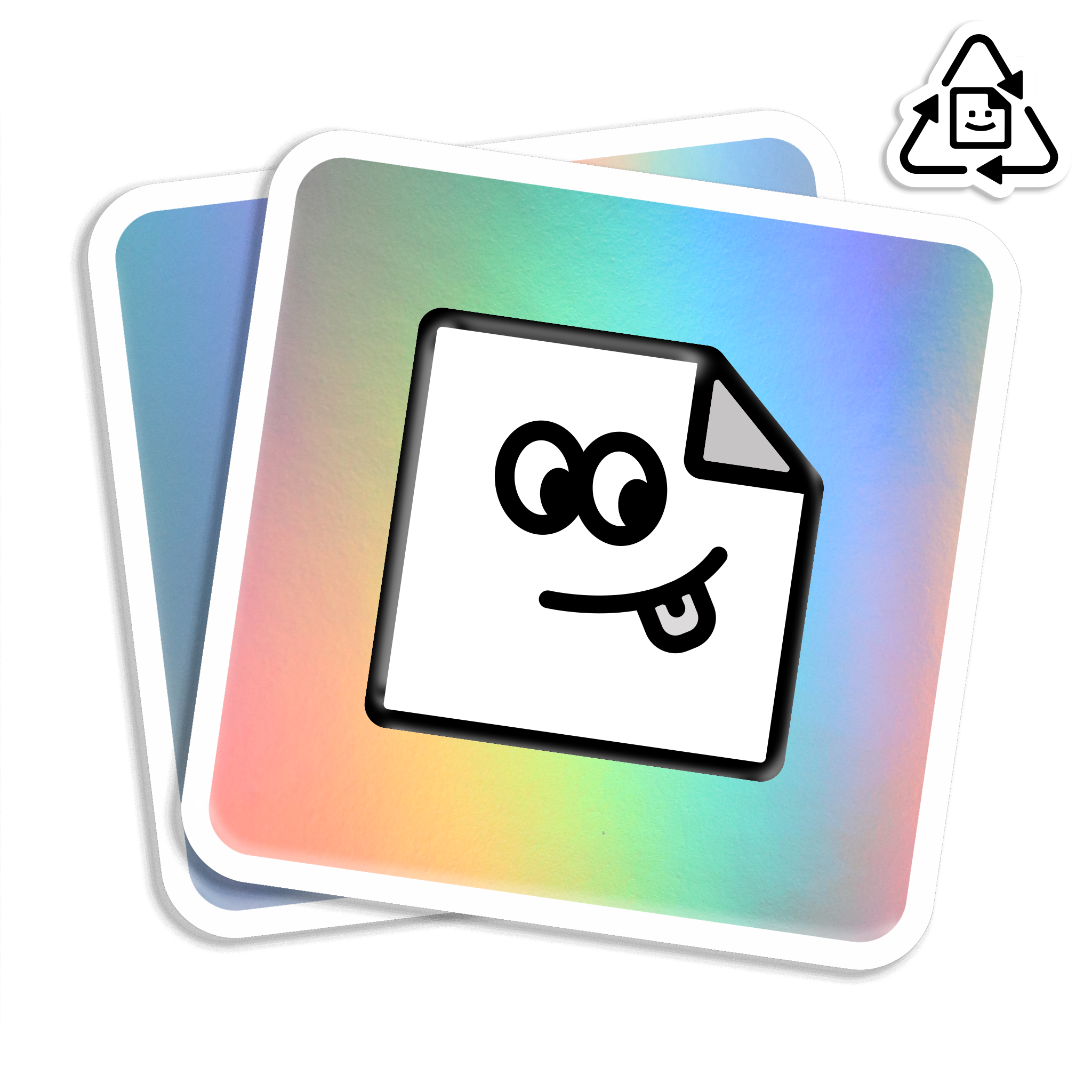 Custom eco-friendly holographic rounded corner vinyl stickers with rainbow rainbow finish, waterproof and weatherproof for indoor and outdoor use.
