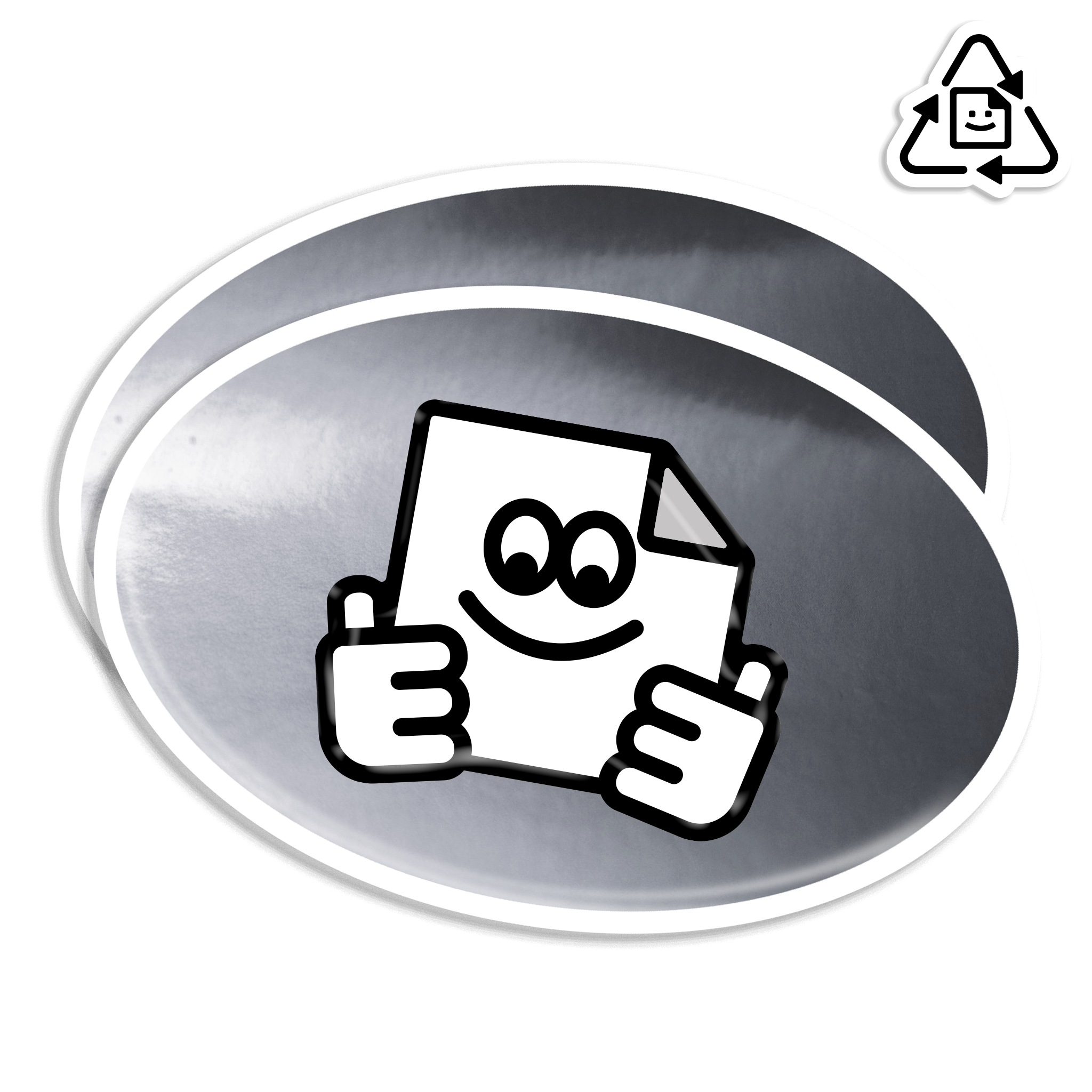 Custom eco-friendly silver chrome oval vinyl stickers with shiny mirror finish, waterproof and durable for branding or promotions.