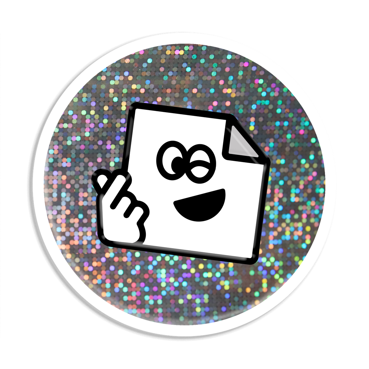 Custom glitter circle vinyl sticker with sparkly, glossy finish for branding, packaging and giveaways.