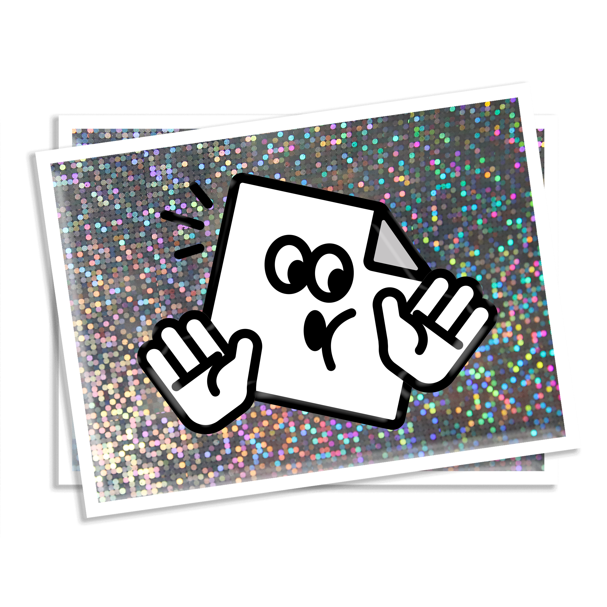 Custom glitter rectangle vinyl sticker with sparkly, glossy finish for branding, packaging and giveaways.