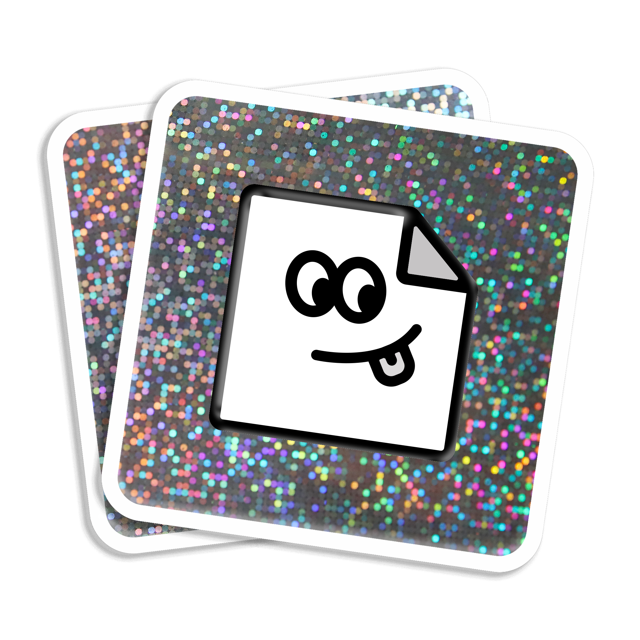 Custom glitter rounded corner vinyl stickers with sparkly, glossy finish for branding, packaging and giveaways.