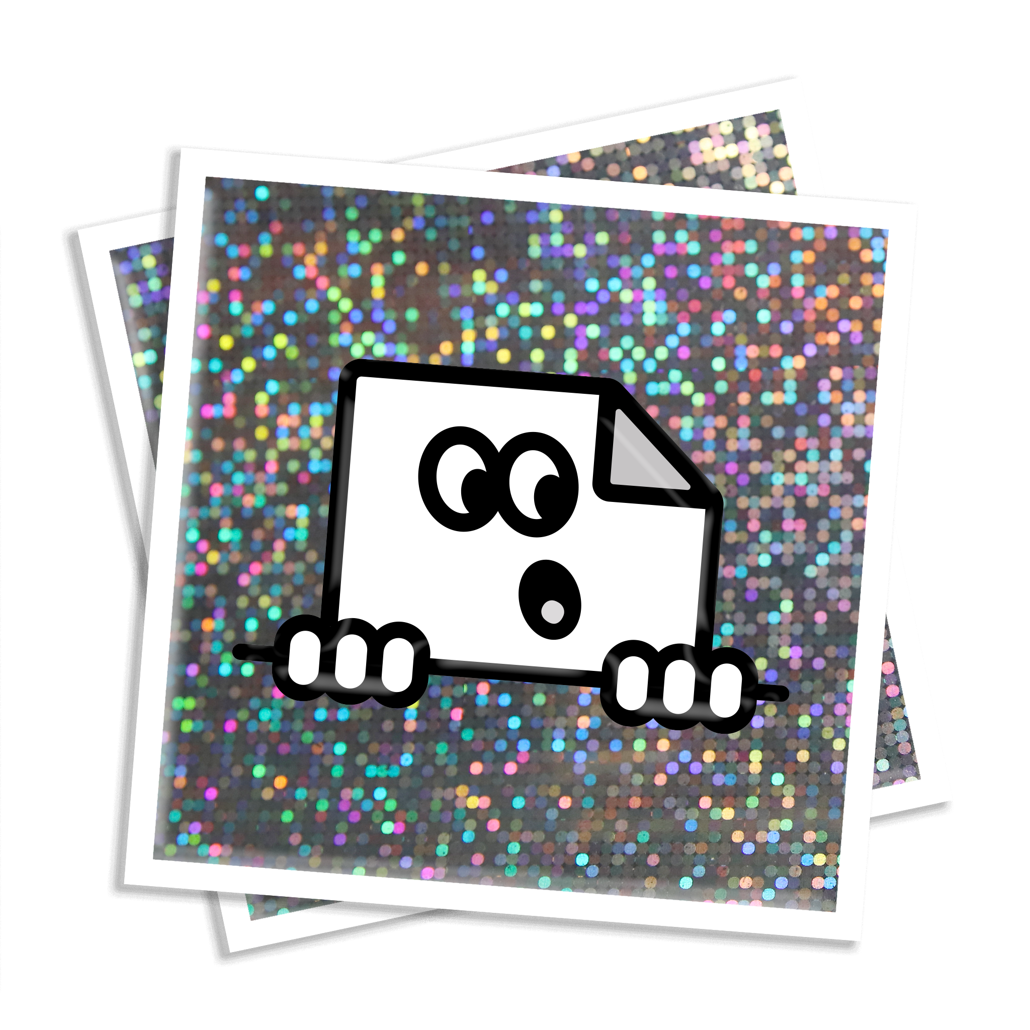 Custom glitter square vinyl stickers with sparkly, glossy finish for branding, packaging and giveaways.