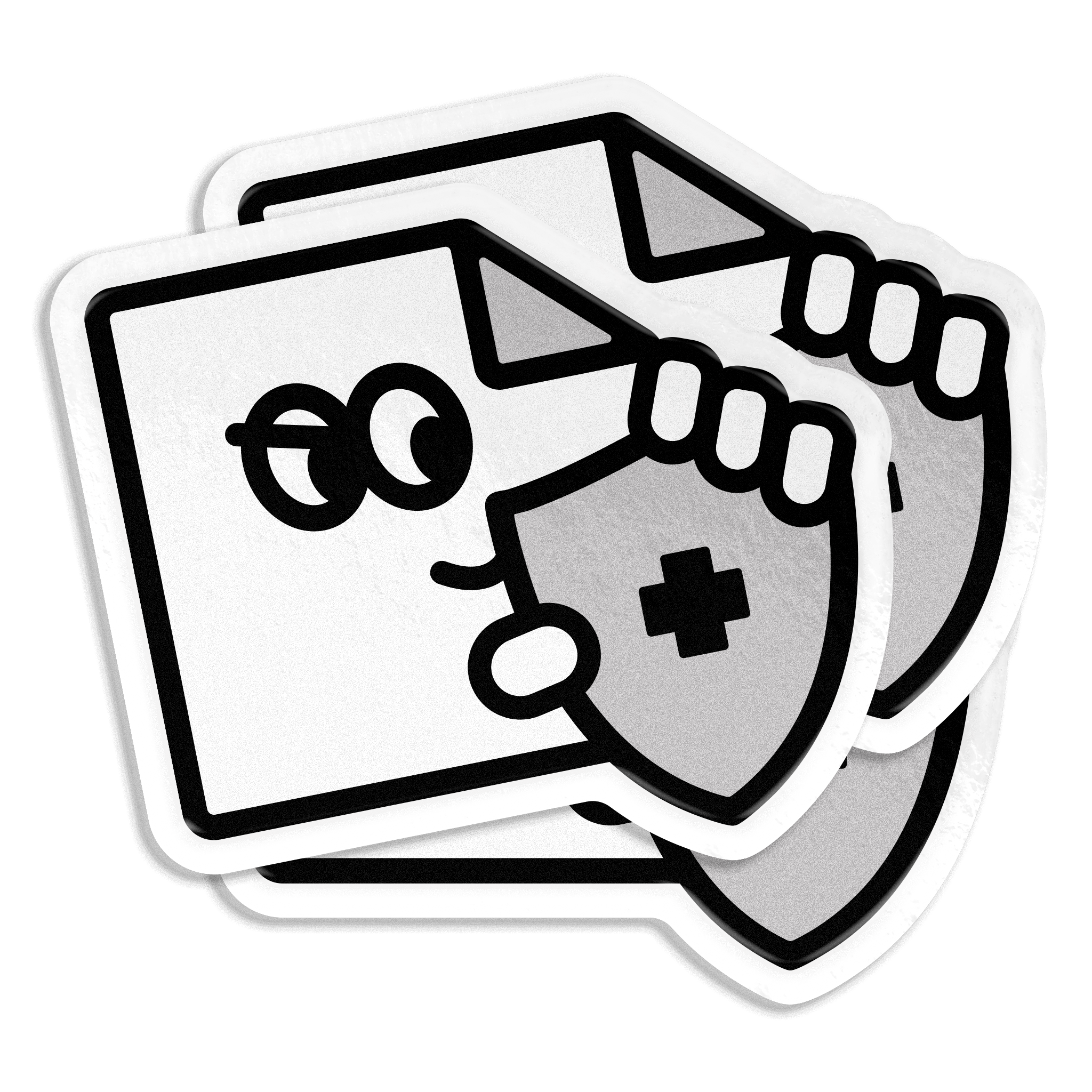 Custom matte sticker with a black and white icon of a shield with a cross, eye glasses, and a key on a white background.