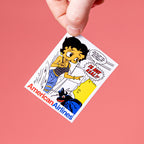 Cartoon character custom vinyl sticker with 'American Airlines' text on a pink background.